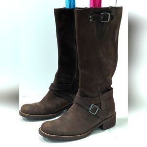 L.L. Bean Tall Side Zip Brown leather Biker motorcycle stacked heel Boots Size 8